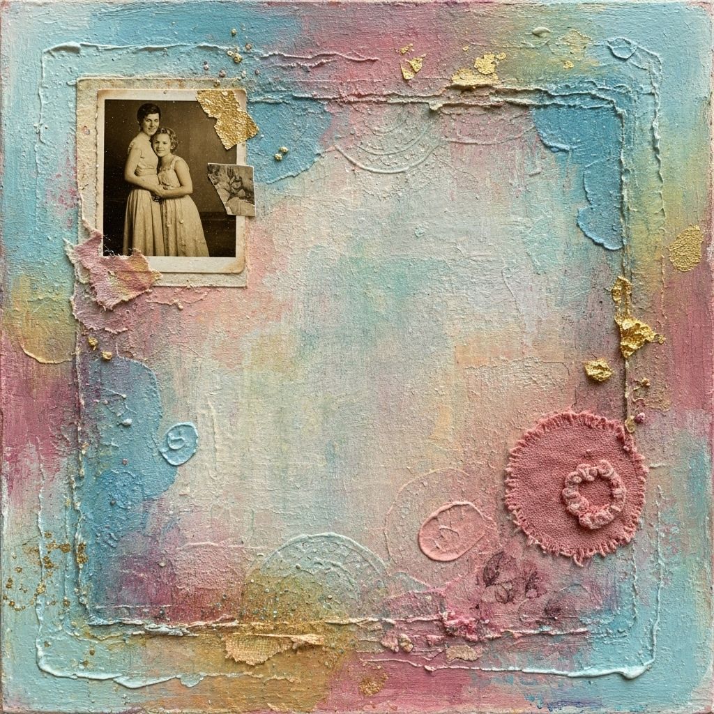 Textured mixed media artwork with layered memories and nostalgic colors